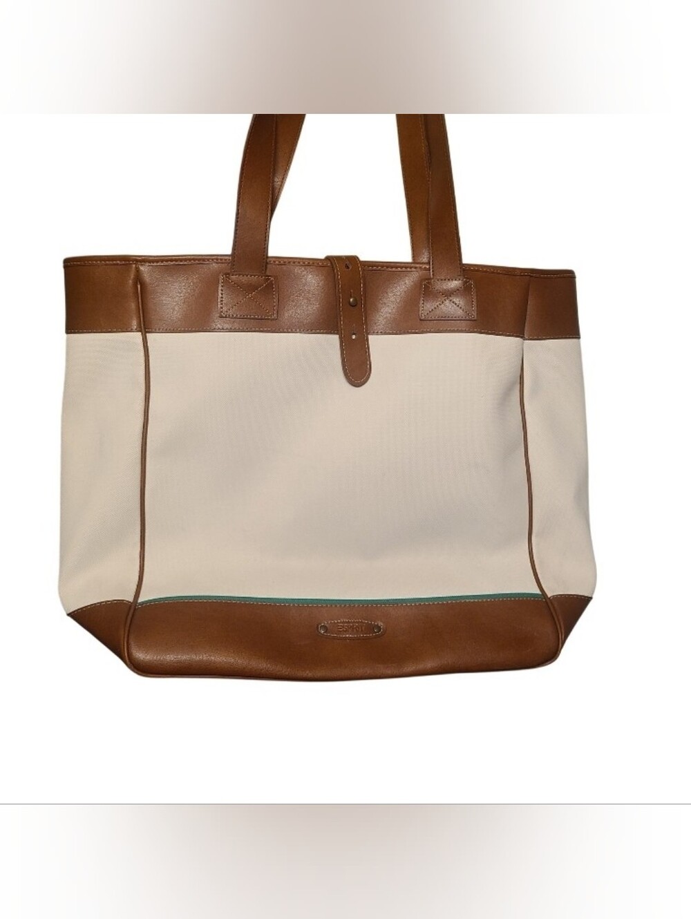 Vintage 90s ESPRIT Canvas Tote Bag Tan Brown Leather Trim Sporty Green Stripe